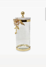 Load image into Gallery viewer, Hammered Glass Canister With White Enamel and Gold Leaf Flower:
