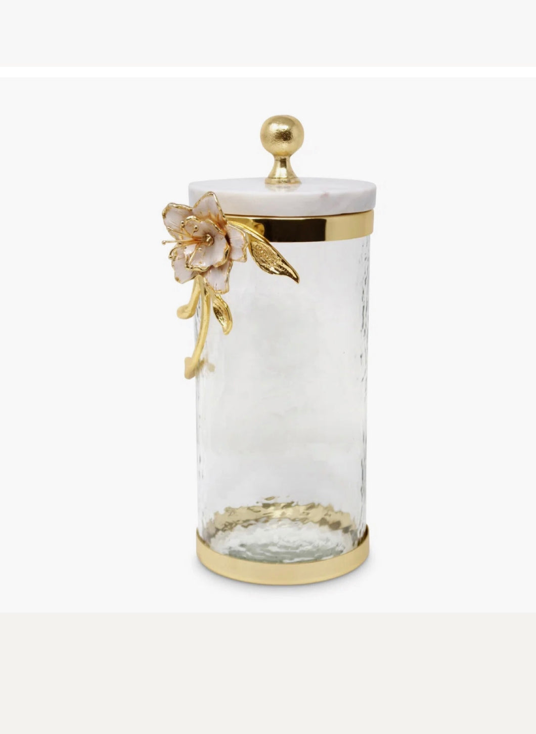 Hammered Glass Canister With White Enamel and Gold Leaf Flower: