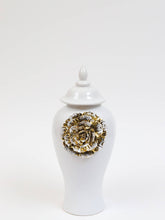 Load image into Gallery viewer, White Ginger Jar with Large Gold Flower Detail 18&quot;H x 8&quot;W

