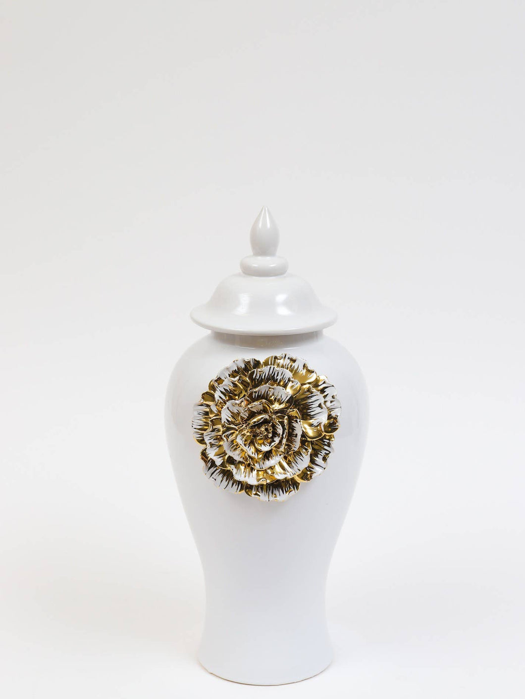 White Ginger Jar with Large Gold Flower Detail 18