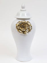 Load image into Gallery viewer, White Ginger Jar with Large Gold Flower Detail 24&quot;H x 10&quot;W
