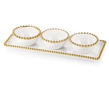 Load image into Gallery viewer, Porcelain White 3 Bowl Relish Dish and Tray with Gold Beaded Design
