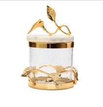Load image into Gallery viewer, Glass and Gold Leaf Design Canister With Marble Lid
