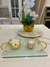 Load image into Gallery viewer, Glass Tray with White Jeweled Flower Handles
