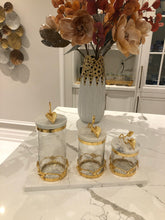 Load image into Gallery viewer, Glass and Gold Leaf Design Canister With Marble Lid
