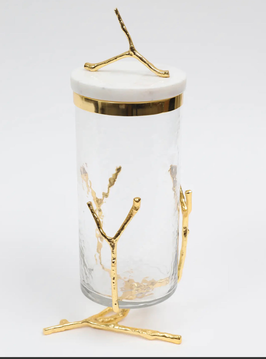 Glass Canister On Gold Twig Base with White Marble Cover