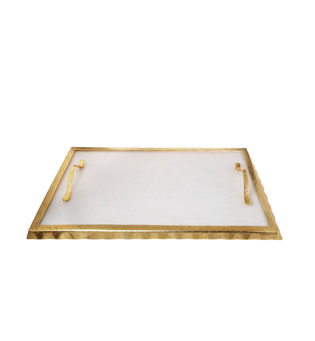 White Marble Tray With Gold Ruffled Design