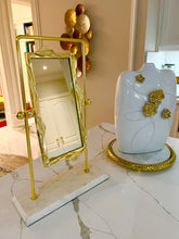 Load image into Gallery viewer, Rectangular Table Mirror Gold Leaf Border White Marble Base
