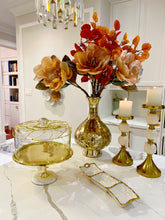 Load image into Gallery viewer, Gold Cake Tray with glass Dome ,white Marble Base Mesh design on top
