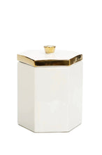 Load image into Gallery viewer, White Hexagon Shaped Jar with Gold Flower Knob on Cover
