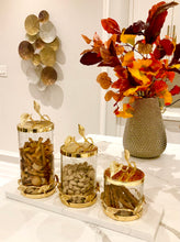 Load image into Gallery viewer, Glass and Gold Canister With Leaf Design
