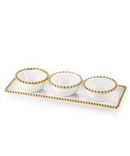 Load image into Gallery viewer, Porcelain White 3 Bowl Relish Dish and Tray with Gold Beaded Design
