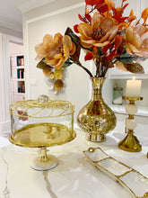 Load image into Gallery viewer, Gold Cake Tray with glass Dome ,white Marble Base Mesh design on top
