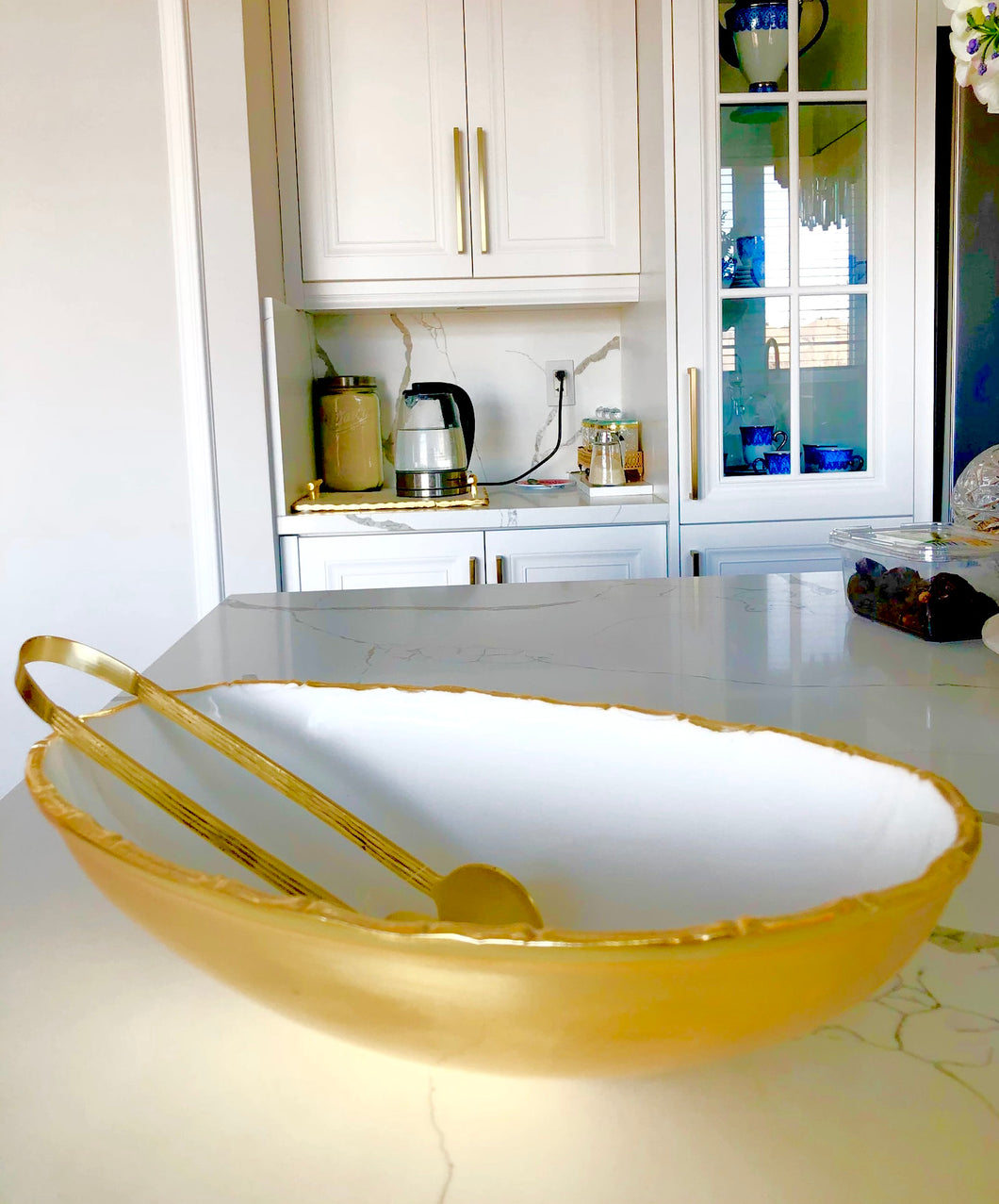 White Enamel With Gold Tongue Shaped Bowl With Spoon