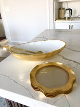 Load image into Gallery viewer, White Enamel With Gold Tongue Shaped Bowl With Spoon
