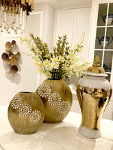 Load image into Gallery viewer, Round Matte Gold Vase with Textured Flower Design
