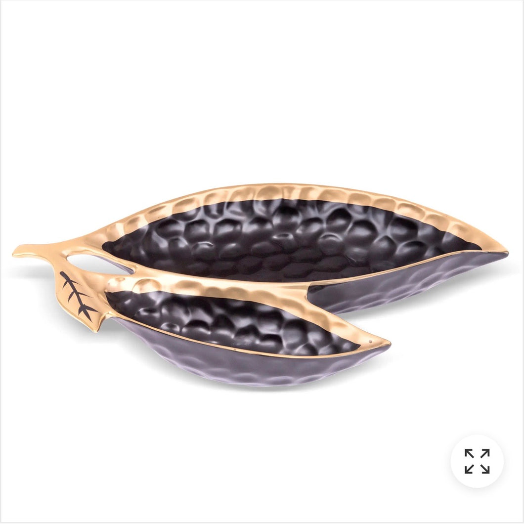 Porcelain Leaf Relish Black Dish with Gold Rim