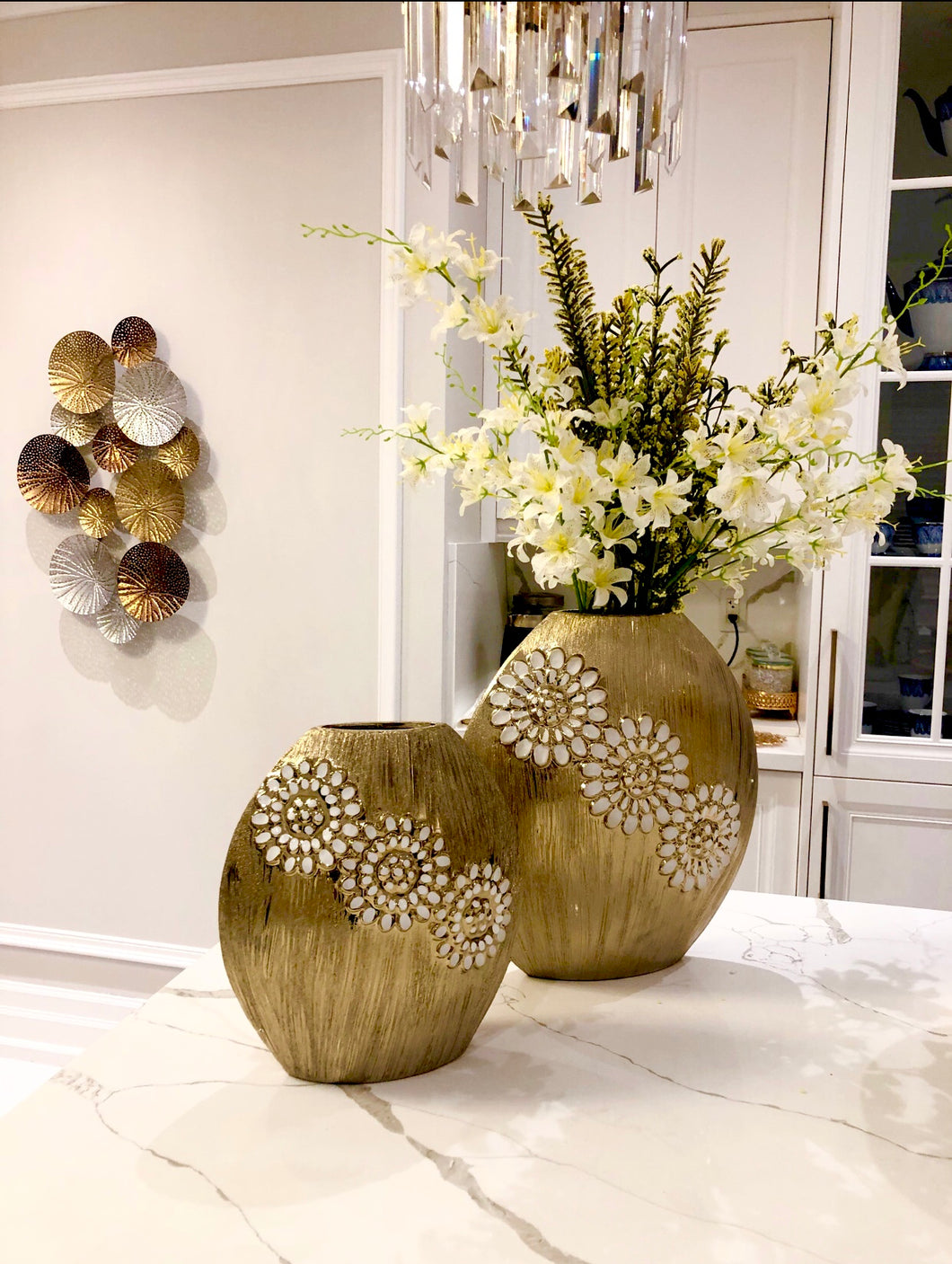 Round Matte Gold Vase with Textured Flower Design