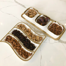 Load image into Gallery viewer, Relish Dish with 3 Square Bowls and Tray with Gold Trim

