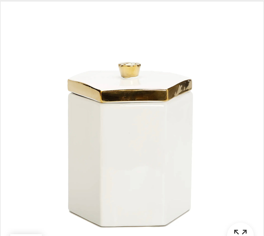 White Hexagon Shaped Jar with Gold Flower Knob on Cover