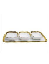 Load image into Gallery viewer, Relish Dish with 3 Square Bowls and Tray with Gold Trim
