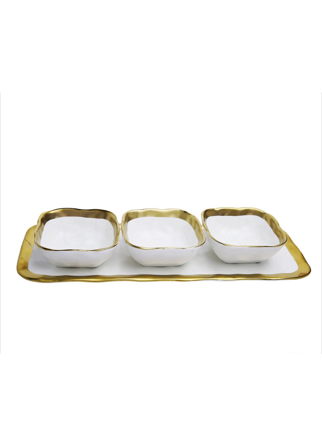 Relish Dish with 3 Square Bowls and Tray with Gold Trim