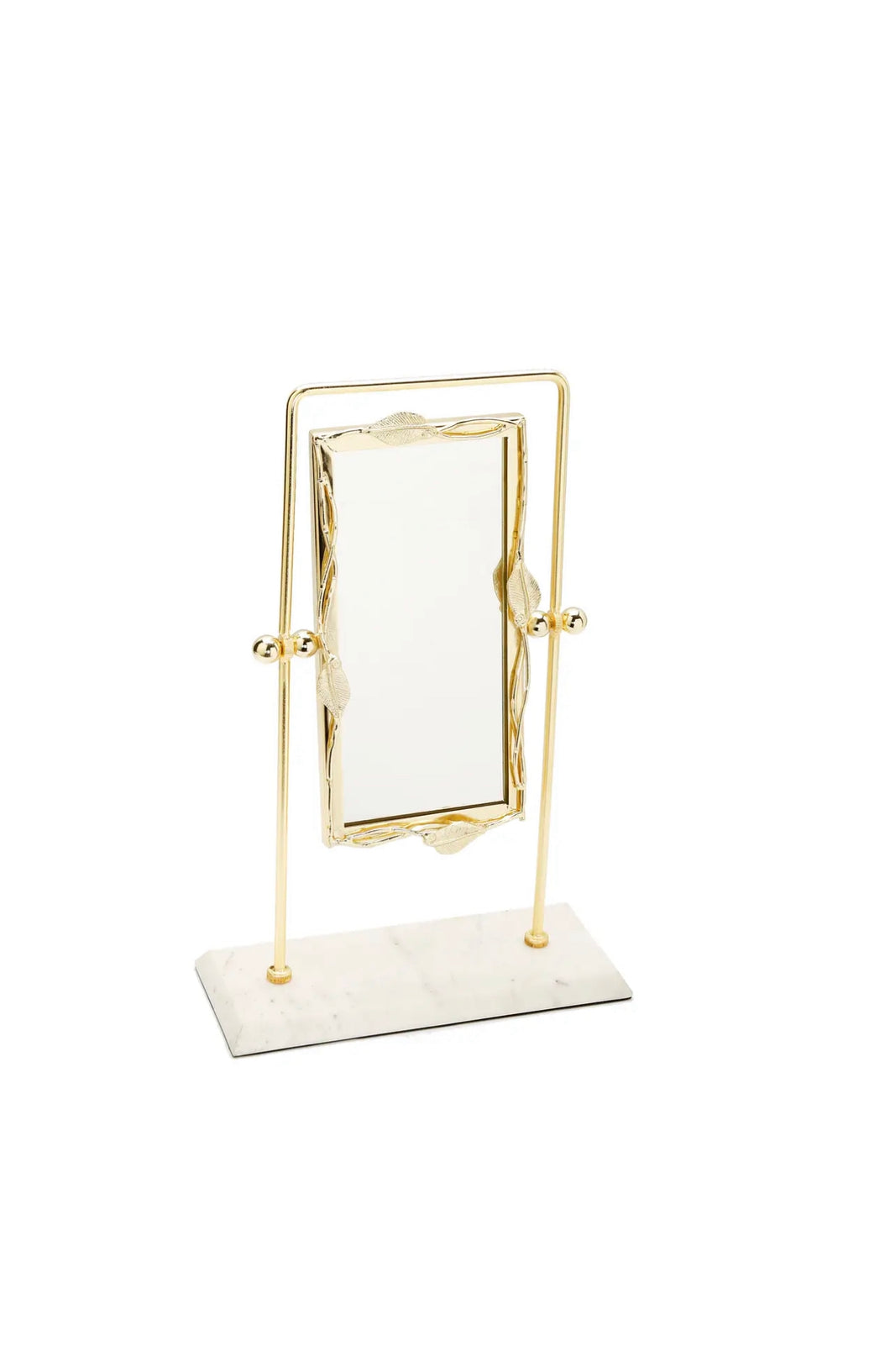 Rectangular Table Mirror Gold Leaf Border White Marble Base