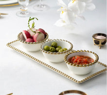 Load image into Gallery viewer, Porcelain White 3 Bowl Relish Dish and Tray with Gold Beaded Design
