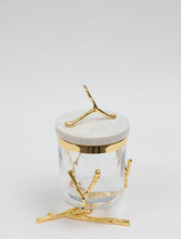 Load image into Gallery viewer, Glass Canister On Gold Twig Base with White Marble Cover
