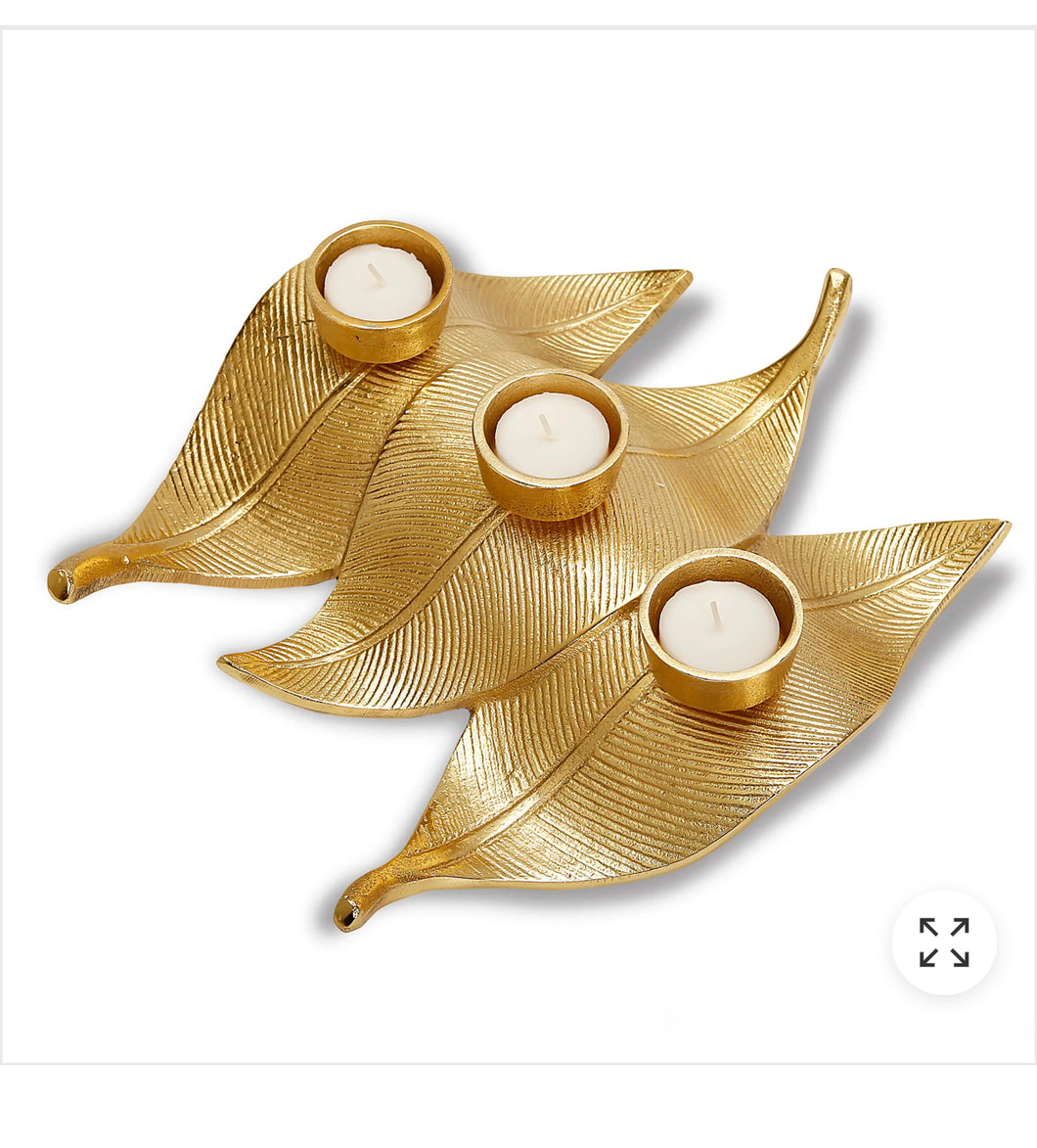 Gold Triple Leaf Tea Light Holder