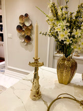 Load image into Gallery viewer, Gold Taper Candle Holder Leaf Spiral Design
